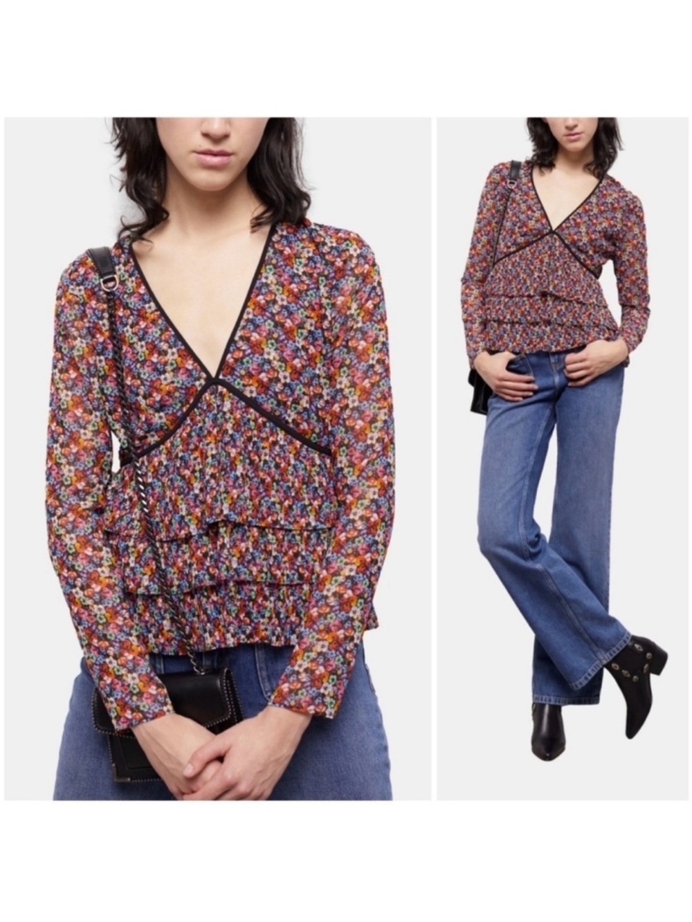 The Kooples Blazing Field Top Small Multi-Color Floral V-Neck Blouse Tiered